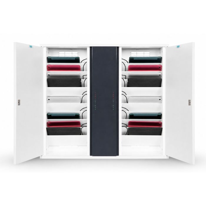 Vue de face de l'armoire murale Zioxi OnView USB-C ouverte avec vingt tablettes dans les compartiments de chargement et des détails visibles de gestion des câbles.