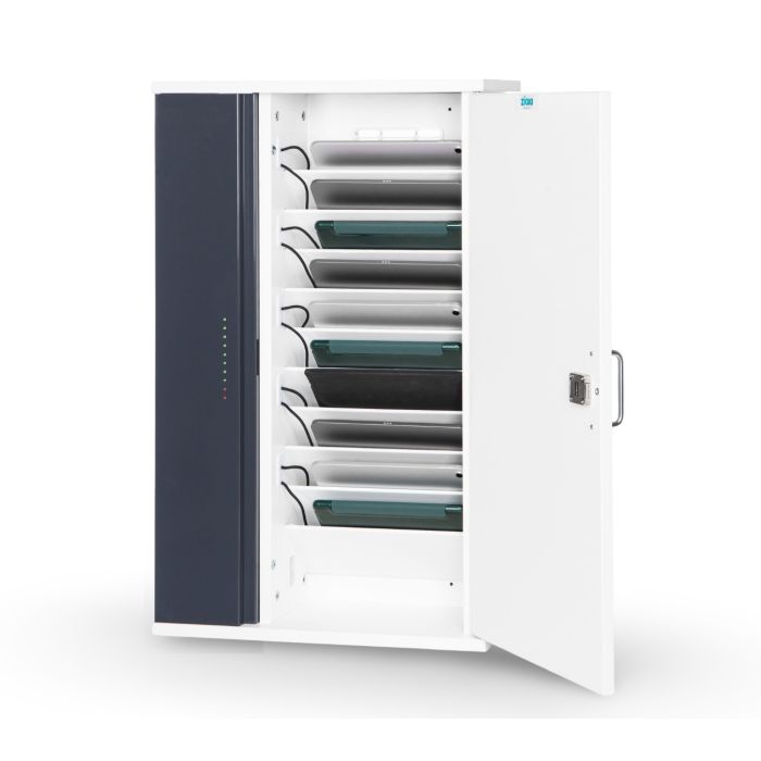 Armoire murale ouverte Zioxi OnView avec dix compartiments de chargement pour tablettes et câbles USB-C visibles.
