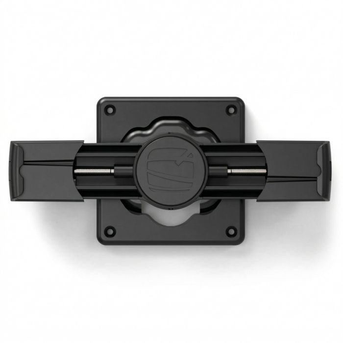 Vue de dessus du support mural Compulocks Cling pour tablettes, noir, avec mécanisme ouvert pour le montage de la tablette.