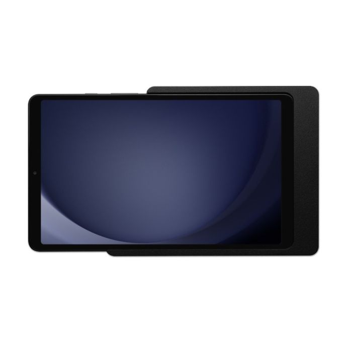 Gros plan du support mural Displine Companion Wall Home avec Samsung Galaxy Tab A11, noir, mettant l'accent sur la texture et la finition.