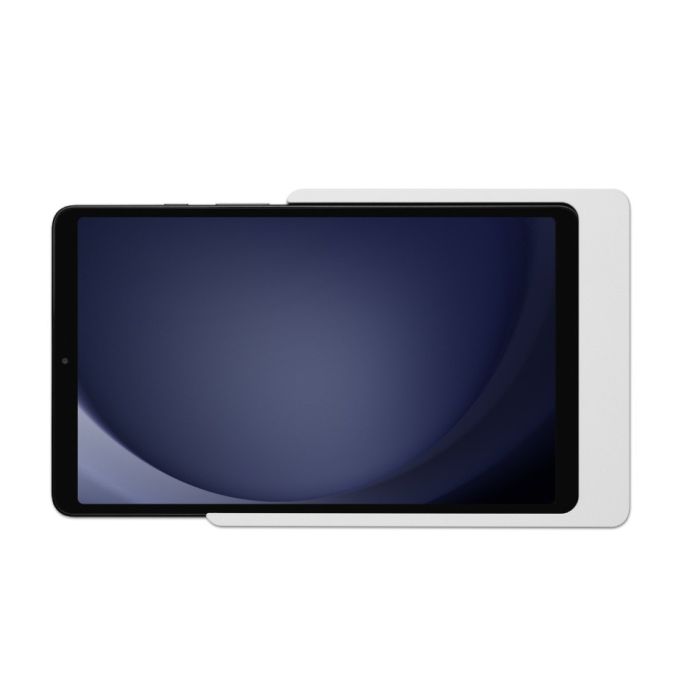 Vue détaillée du support mural Displine Companion Wall Home pour Samsung Galaxy Tab A9 en blanc, avec tablette dans le support.