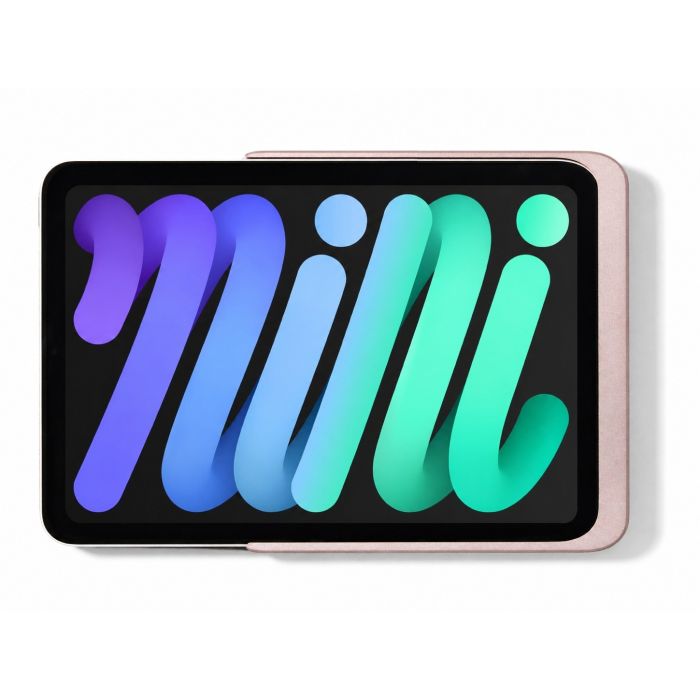 Vue de dessus du support mural Displine Dame Wall Home 2.0 en or rose avec un iPad Mini 7 en cours d'utilisation.
