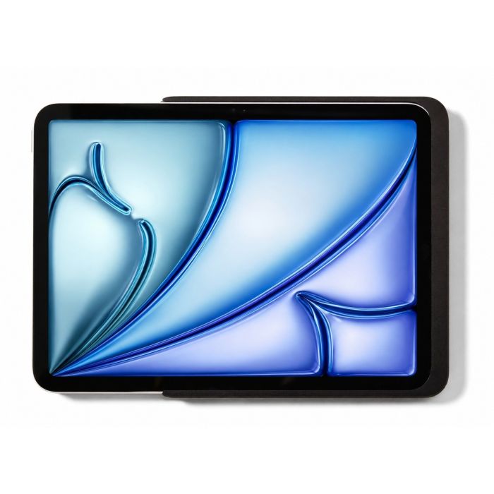 Vue latérale du support mural Displine Dame Wall Home 2.0 avec iPad Air 10,9 pouces, noir, monté au mur.