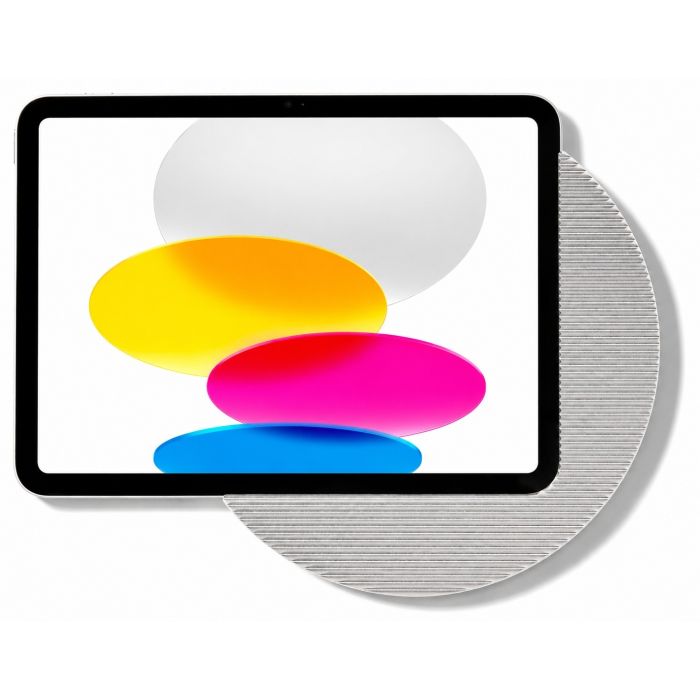 Vue détaillée du support mural Displine Moonlight pour iPad 10,9 pouces, avec une finition argentée et un fond coloré.