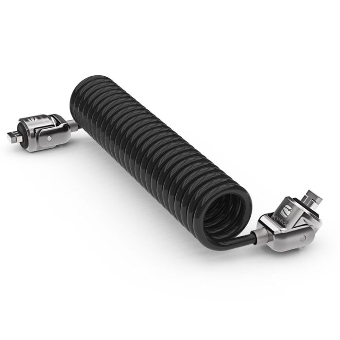 Vue latérale du câble antivol en spirale à double barre en T Compulocks avec clé, avec une visibilité claire de la forme en spirale et du mécanisme de verrouillage.