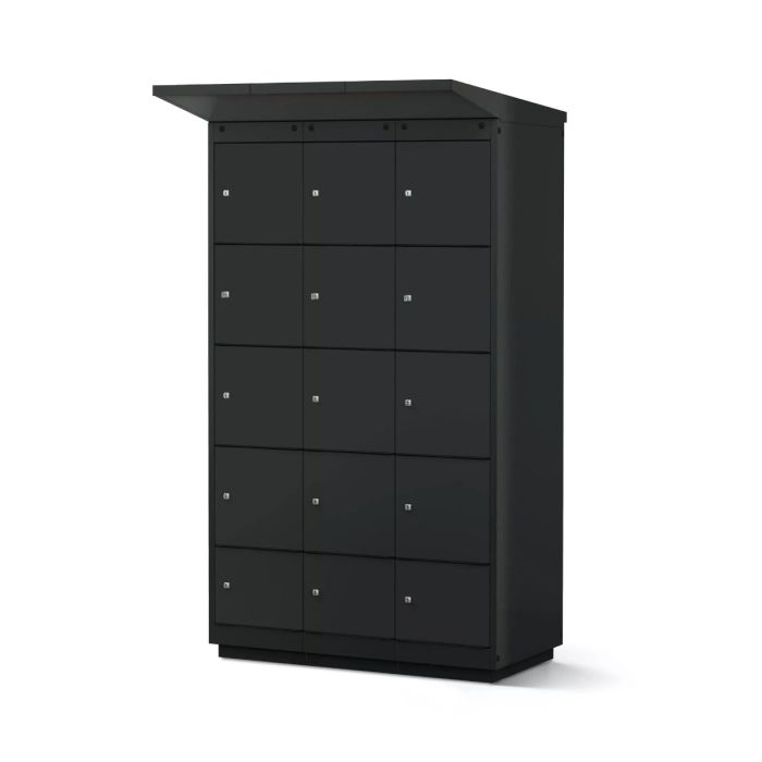 Vue latérale du casier de chargement de batterie de vélo Lockeel avec 12 compartiments et monnayeur, fermé et en milieu neutre.