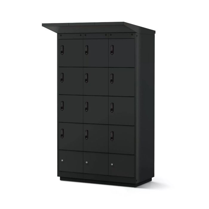 Vue latérale du casier de chargement de batterie de vélo Lockeel avec 12 compartiments et serrure électronique à code.