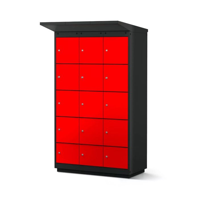 Vue de face du casier de chargement de batterie de vélo Lockeel avec 12 compartiments en rouge et noir.