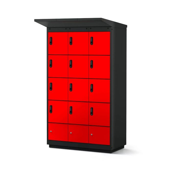 Vue latérale du casier de chargement de batterie de vélo Lockeel avec 12 compartiments rouges et serrure électronique à code.