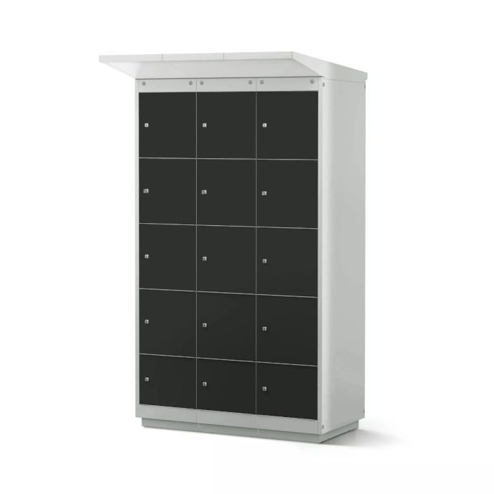 Vue de face du casier de chargement de batterie de vélo Lockeel avec 12 compartiments et serrure à monnaie, fermé et utilisé.
