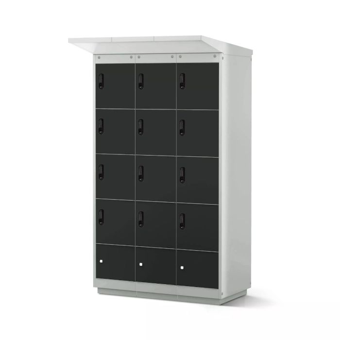 Vue de face du casier de chargement de batterie de vélo Lockeel avec 12 compartiments et serrure électronique à code.