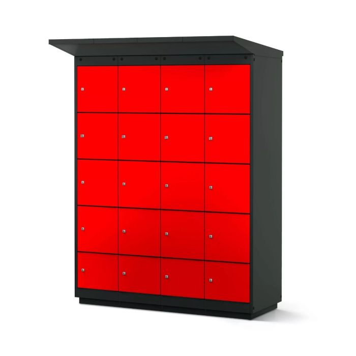 Vue latérale du casier de chargement de batterie de vélo Lockeel avec 16 compartiments et serrure à monnaie, dans une couleur rouge éclatante.