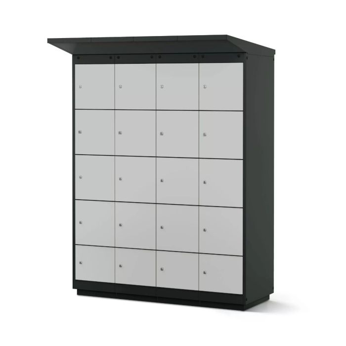 Vue de face du casier de chargement de batterie de vélo Lockeel avec 16 compartiments et serrure à monnaie.