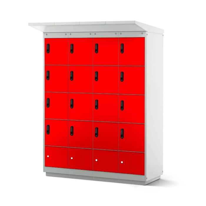 Vue de face du casier de chargement de batterie de vélo Lockeel avec 16 compartiments et serrure électronique à code de couleur rouge vif.