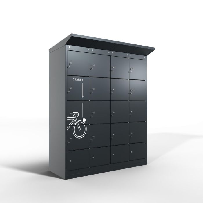 Photo studio du casier de chargement de batterie de vélo Lockeel avec 16 compartiments et serrure à monnaie, vue frontale diagonale de l'armoire fermée avec icône de chargement sur la porte.
