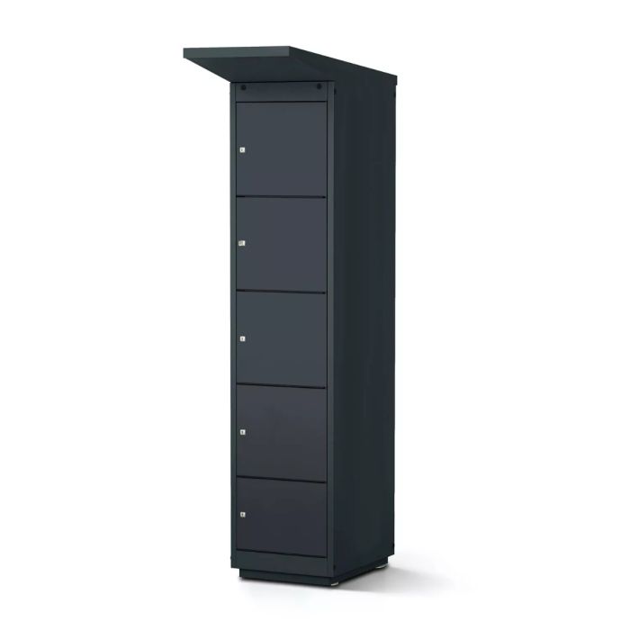 Vue latérale du casier de chargement de batterie de vélo Lockeel avec quatre compartiments et serrure à monnaie, fermé et dans un environnement neutre.
