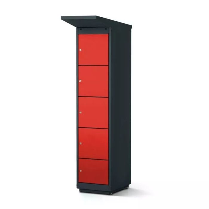 Vue latérale du casier de chargement de batterie de vélo Lockeel avec quatre compartiments et serrure à clé, à l'état fermé.