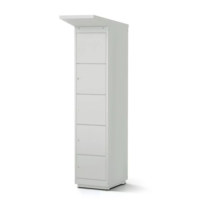 Vue latérale du casier de chargement de batterie de vélo Lockeel avec quatre compartiments et une serrure à clé, fermé et prêt à l'emploi.