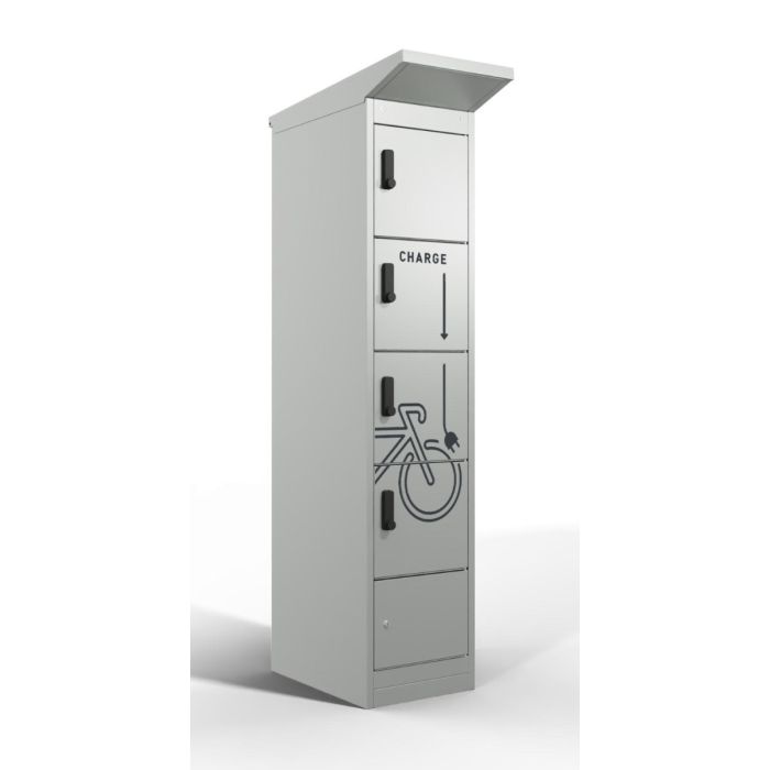 Photo studio en vue oblique du casier de chargement de batterie de vélo Lockeel avec quatre compartiments et serrures à code électronique sur fond blanc.