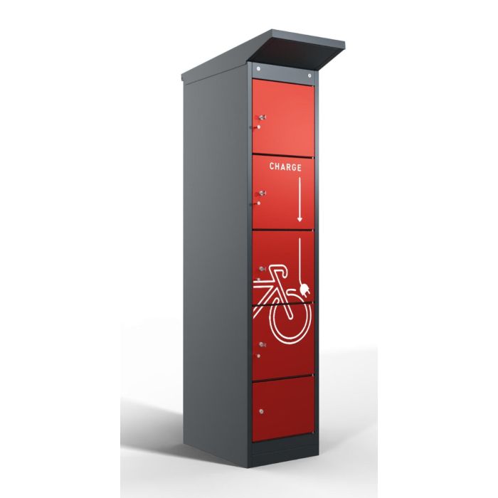 Photo studio du casier de chargement de batterie de vélo Lockeel avec quatre compartiments rouges, équipés de serrures à clé et d'une icône de chargement blanche sur le devant.