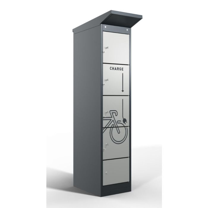 Vue avant inclinée du casier de chargement de batterie de vélo Lockeel avec quatre compartiments, équipé de serrures à pièces et d'icônes de chargement claires sur les portes.