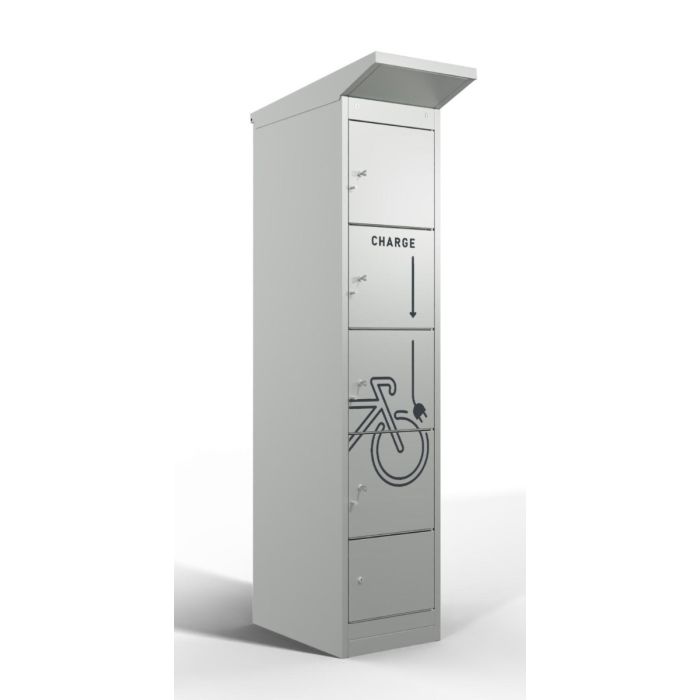 Photo de studio dans un coin oblique du casier de chargement de batterie de vélo Lockeel à quatre compartiments, équipé de serrures à clé et d'une impression de chargement frappante.