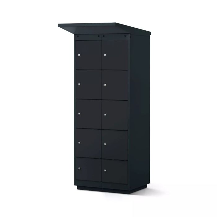 Vue latérale du casier de chargement de batterie de vélo Lockeel avec 8 compartiments et serrure à monnaie, fermé et dans une finition noire élégante.