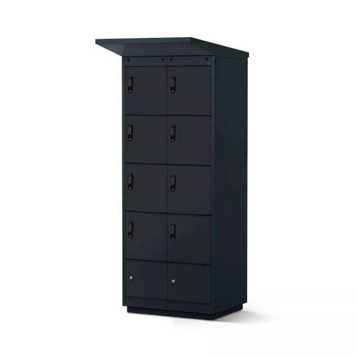 Vue latérale du casier de chargement de batterie de vélo Lockeel avec 8 compartiments et serrures à code électronique.