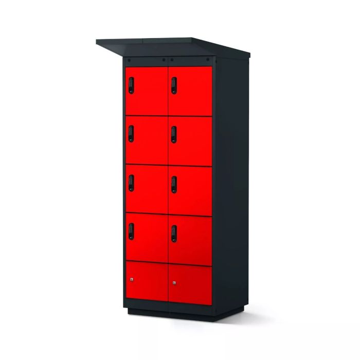 Vue latérale du casier de chargement de batterie de vélo Lockeel à 8 compartiments noirs et rouges, avec serrures électroniques à code.
