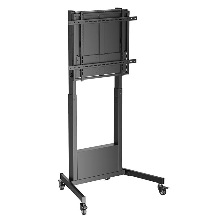 Photo de produit en studio du support de sol pour moniteur mobile Ewent EW1552, vu en diagonale depuis l'arrière avec une vue des supports de montage et des roues.