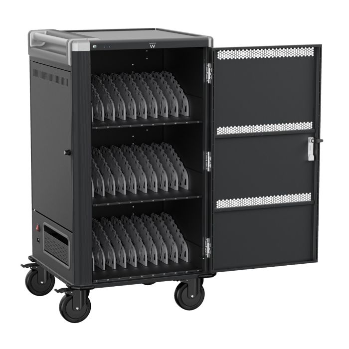 Photo studio du chariot pour ordinateur portable Ewent pour 30 ordinateurs portables, vue avant en pente avec porte ouverte et vue des trois compartiments internes avec parois de séparation.