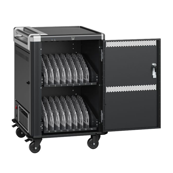 Chariot pour ordinateur portable Ewent ouvert pour 16 ordinateurs portables avec compartiments internes visibles, étagères numérotées et porte verrouillable dans une configuration studio.