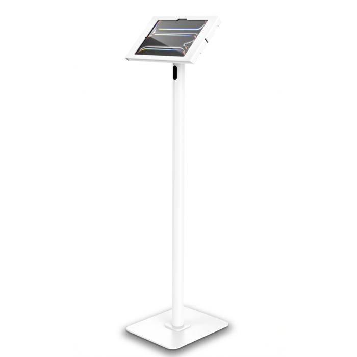 Vue latérale du support de sol Compulocks Swift Apex pour iPad Pro 11 pouces, blanc, avec une base robuste et un support réglable.