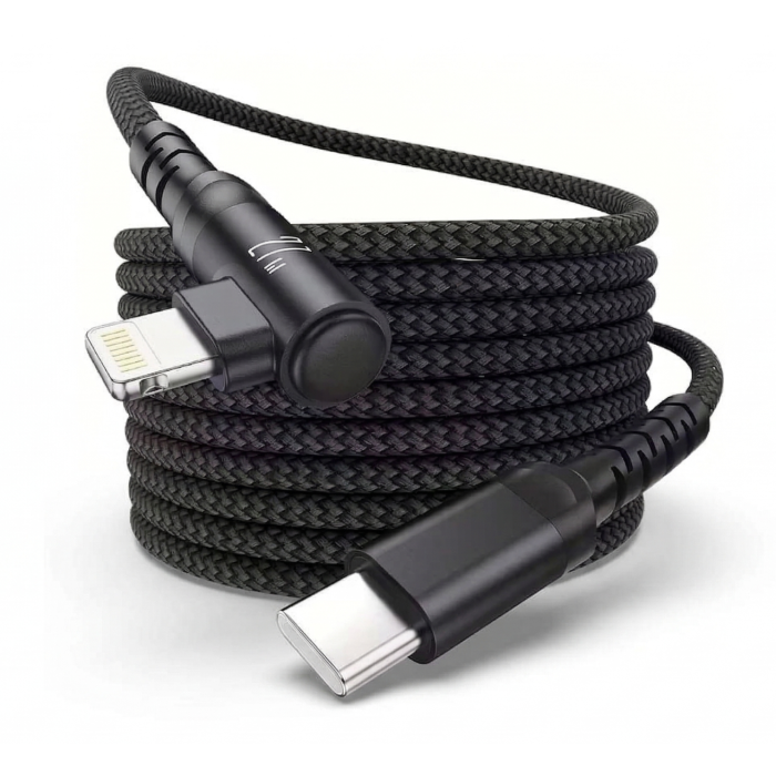Vue détaillée du connecteur Torvik USB-C vers Lightning à angle droit avec un câble tressé noir.