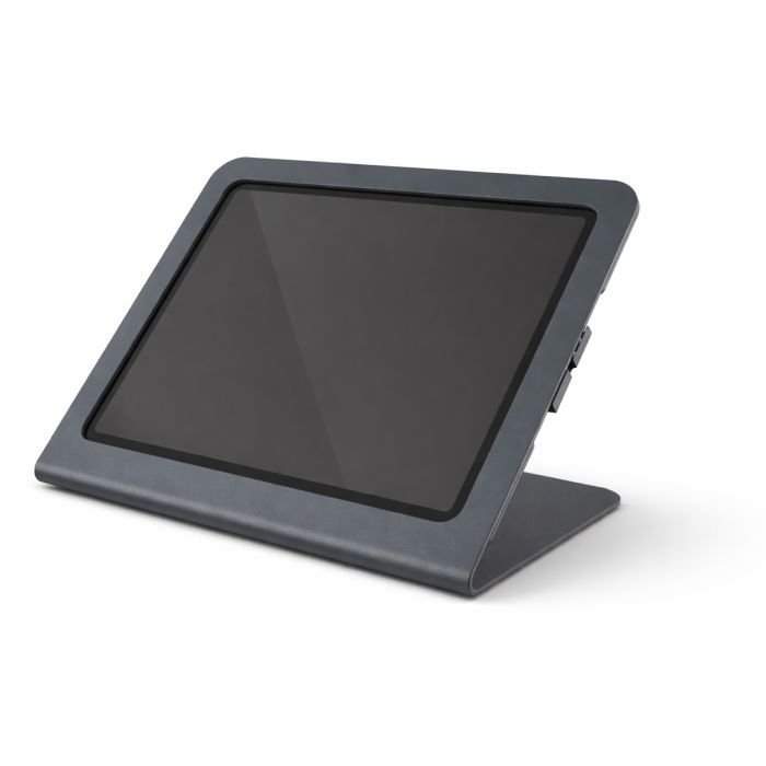 Vue latérale du support de tablette Heckler Design Windfall pour iPad Air, utilisé avec un écran incliné.