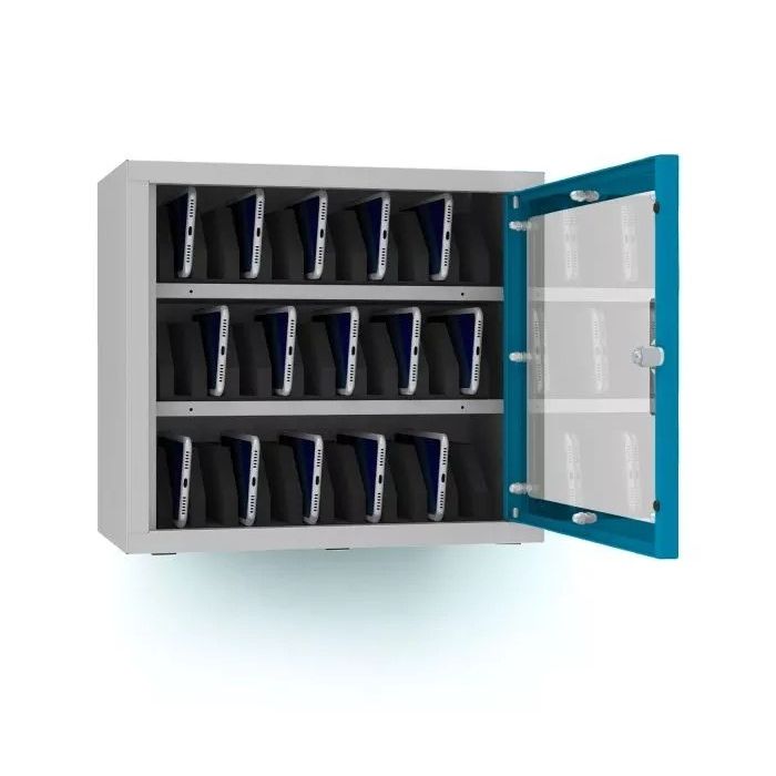 Armoire téléphonique ouverte Lockeel pour 30 téléphones avec serrure à clé, montrant les trois étagères internes avec compartiments de rangement pour appareils mobiles.