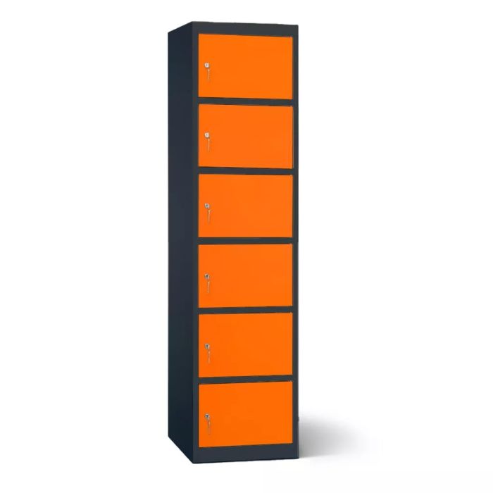 Vue latérale du casier de chargement de batterie Lockeel avec 6 compartiments et serrure à clé, avec portes orange frappantes.