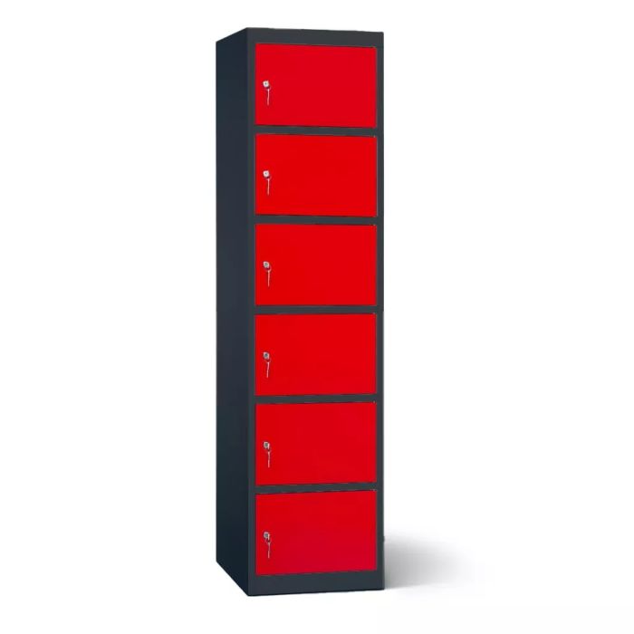 Vue latérale du casier de chargement de batterie Lockeel avec six compartiments et serrure à clé, avec portes rouges frappantes.