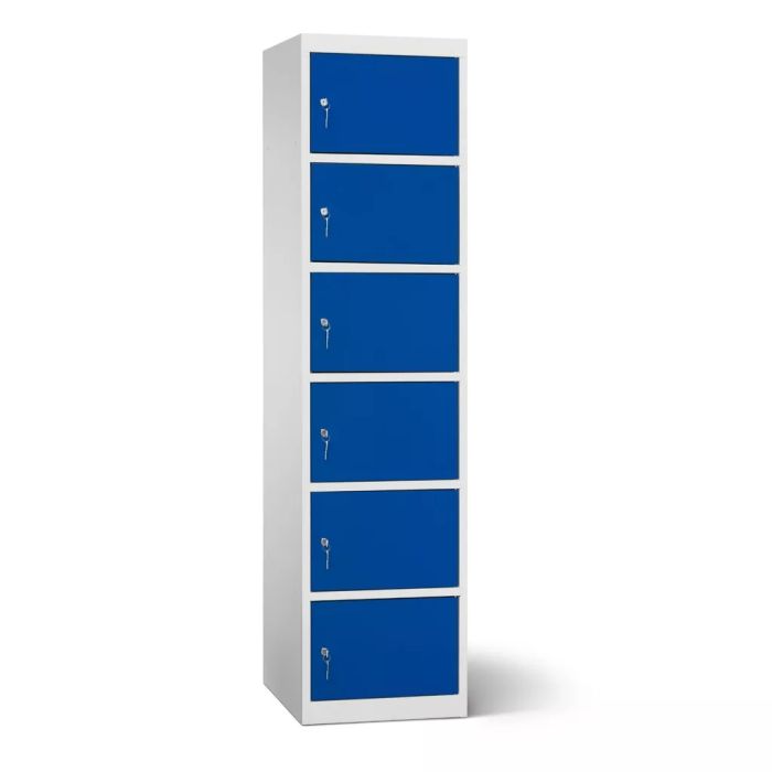 Vue latérale du casier de chargement de batterie Lockeel avec six compartiments et serrure à clé, avec portes fermées dans un environnement moderne.