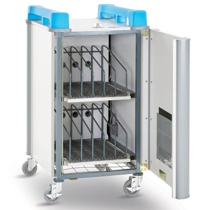 Vue avant ouverte du chariot pour ordinateur portable LapCabby 10V, montrant les deux niveaux internes avec séparateurs pour stocker dix ordinateurs portables.