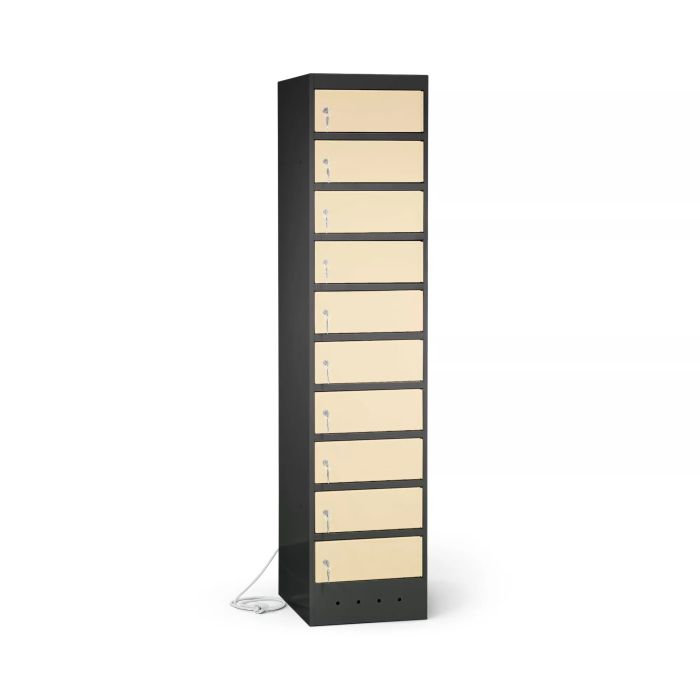 Vue latérale du casier de chargement pour ordinateur portable Lockeel avec 10 compartiments, avec portes fermées et un câble en bas.