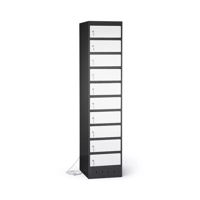 Vue latérale du casier de chargement pour ordinateur portable Lockeel à 10 compartiments, fermé par une serrure à clé.