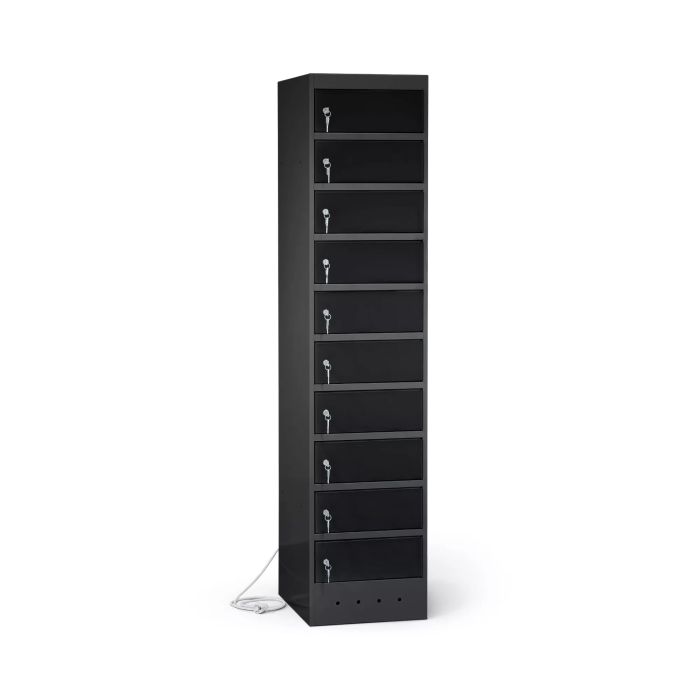 Vue latérale du casier de chargement pour ordinateur portable Lockeel à 10 compartiments, fermé par une serrure à clé.