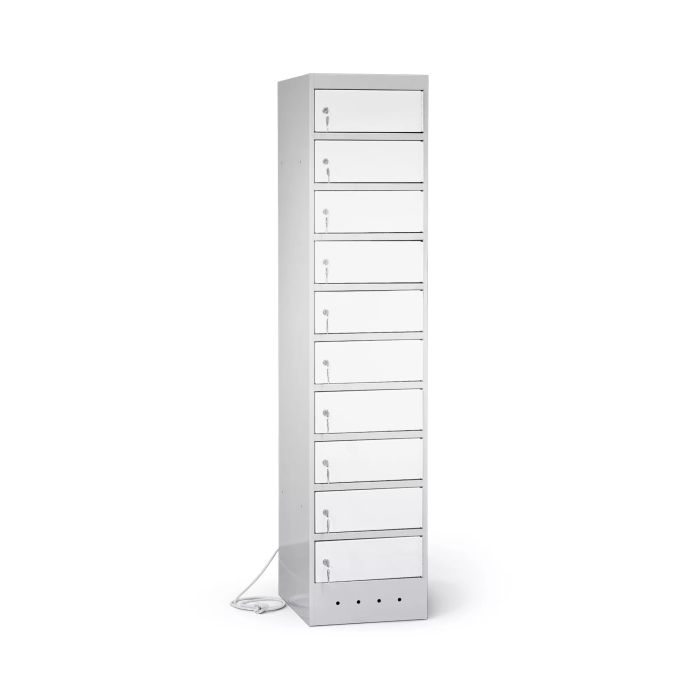 Vue latérale du casier de chargement pour ordinateur portable Lockeel à 10 compartiments, fermé par une serrure à clé.