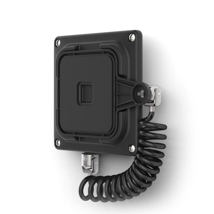 Vue latérale du support mural pour tablette Compulocks Magnetix doté d'un câble spiralé pour une finition soignée.