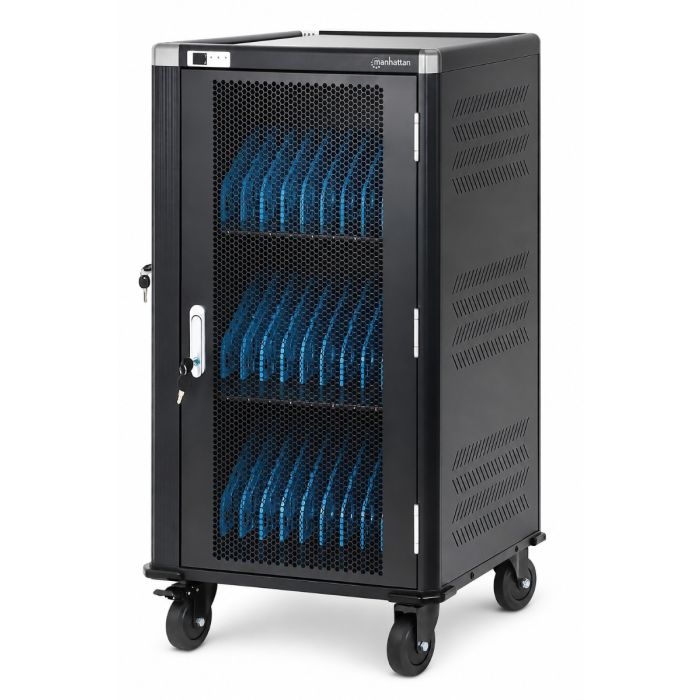 Vue latérale du chariot de recharge Manhattan AC avec compartiments ouverts pour 30 appareils, équipé d'un verrou et de roulettes pour la mobilité.