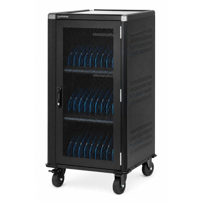 Vue latérale du chariot de chargement pour ordinateur portable Manhattan USB-C avec compartiments ouverts pour 30 ordinateurs portables jusqu'à 16 pouces.