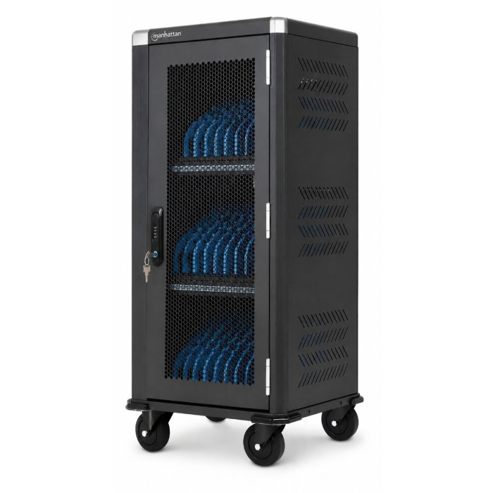 Vue latérale du chariot de chargement pour tablettes USB-C Manhattan avec compartiments de chargement ouverts pour 30 tablettes.