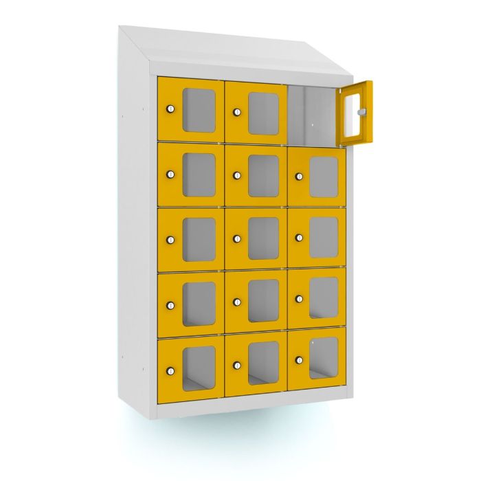 Vue latérale du casier téléphonique Lockeel à 15 compartiments, avec un compartiment ouvert et des portes jaunes distinctives pour un accès facile.