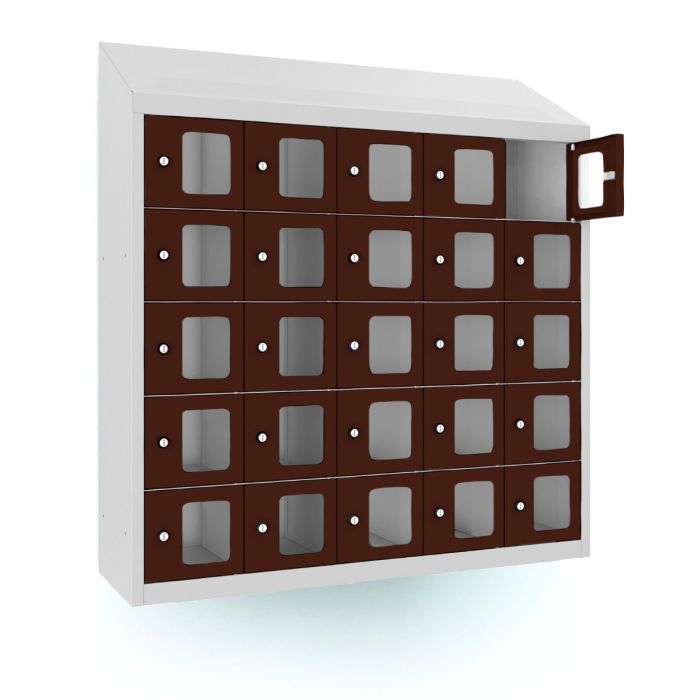 Vue de face inclinée du casier téléphonique Lockeel avec 25 compartiments marron et serrure à clé, avec un compartiment ouvert en haut à droite pour une visibilité supplémentaire.